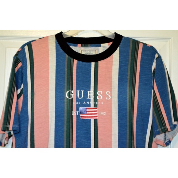 Guess LA Striped T-Shirt‎ Short Sleeve Embroidered Logo &  American Flag Men's L - Picture 2 of 13